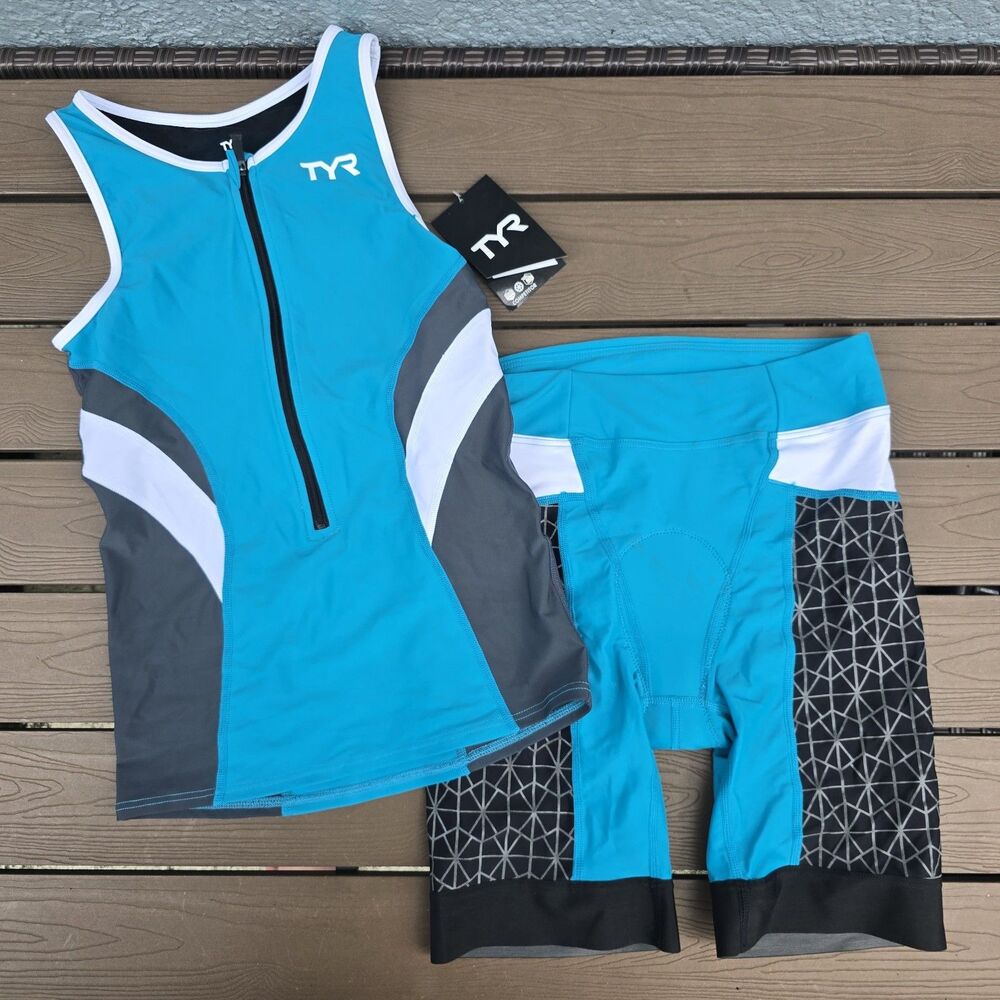 TYR Women Turquoise/grey Tri Triathlon Singlet Tank & 8 in Shorts Sz M New Mark